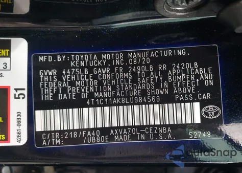 2020 Toyota Camry Le from USA, damaged, VIN 4T1C11AK8LU984569